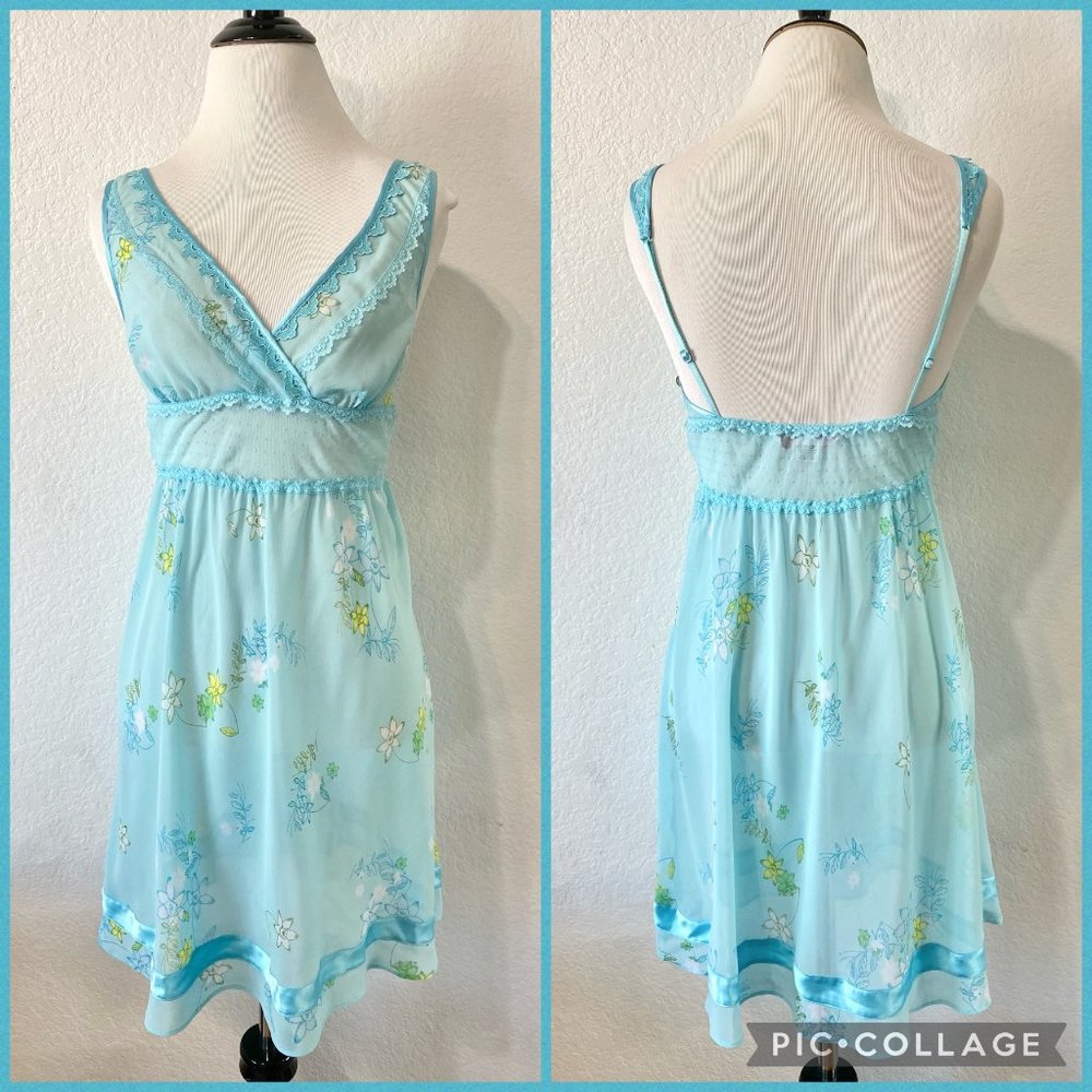 Y2K Victorias Secret Blue Floral Sheer Babydoll Dress